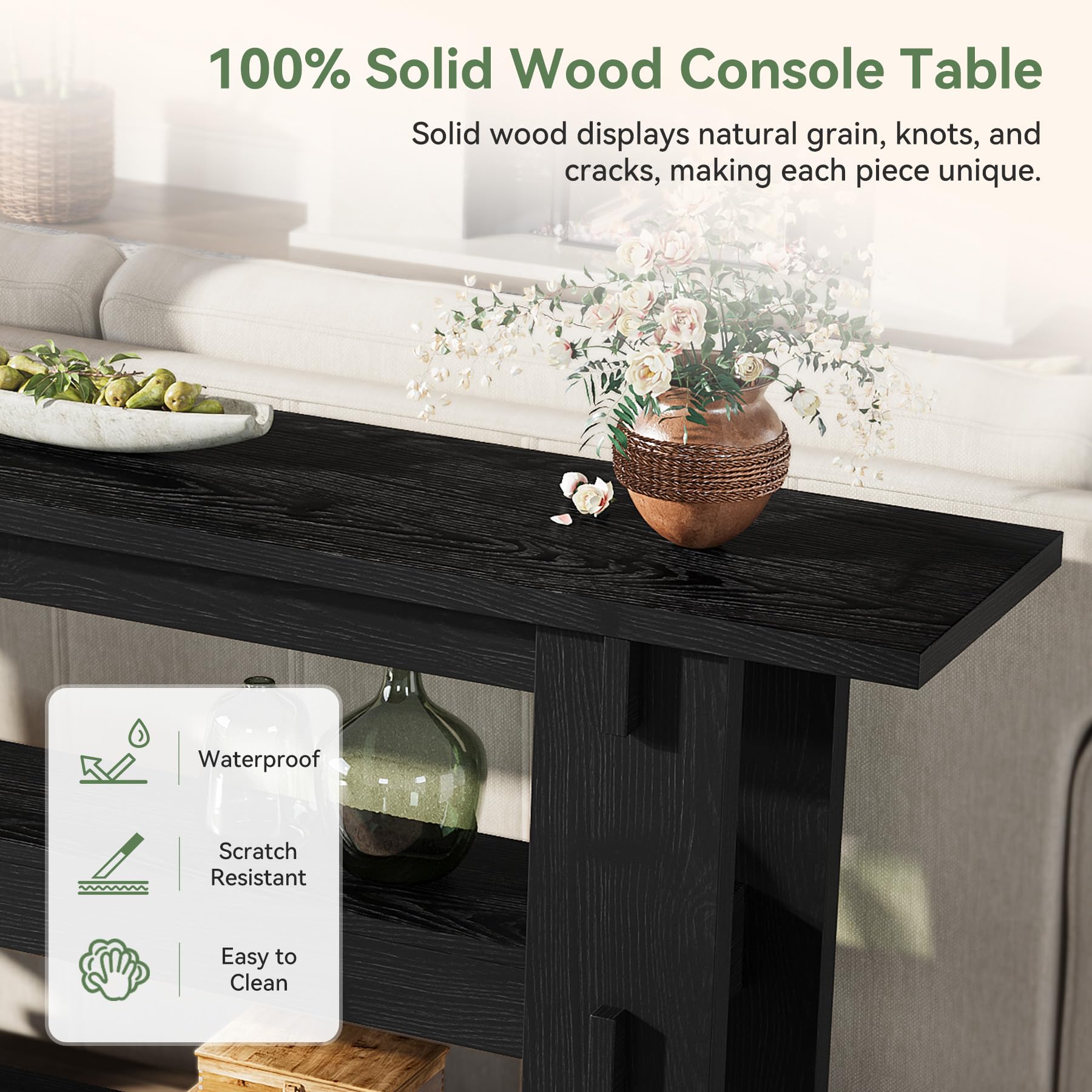 TRIBEWOOD 63-Inch Solid Wood Console Table, Farmhouse Sofa Table Behind Couch with Storage Shelves, Entryway Furniture for Living Room, Hallway, Foyer, Black