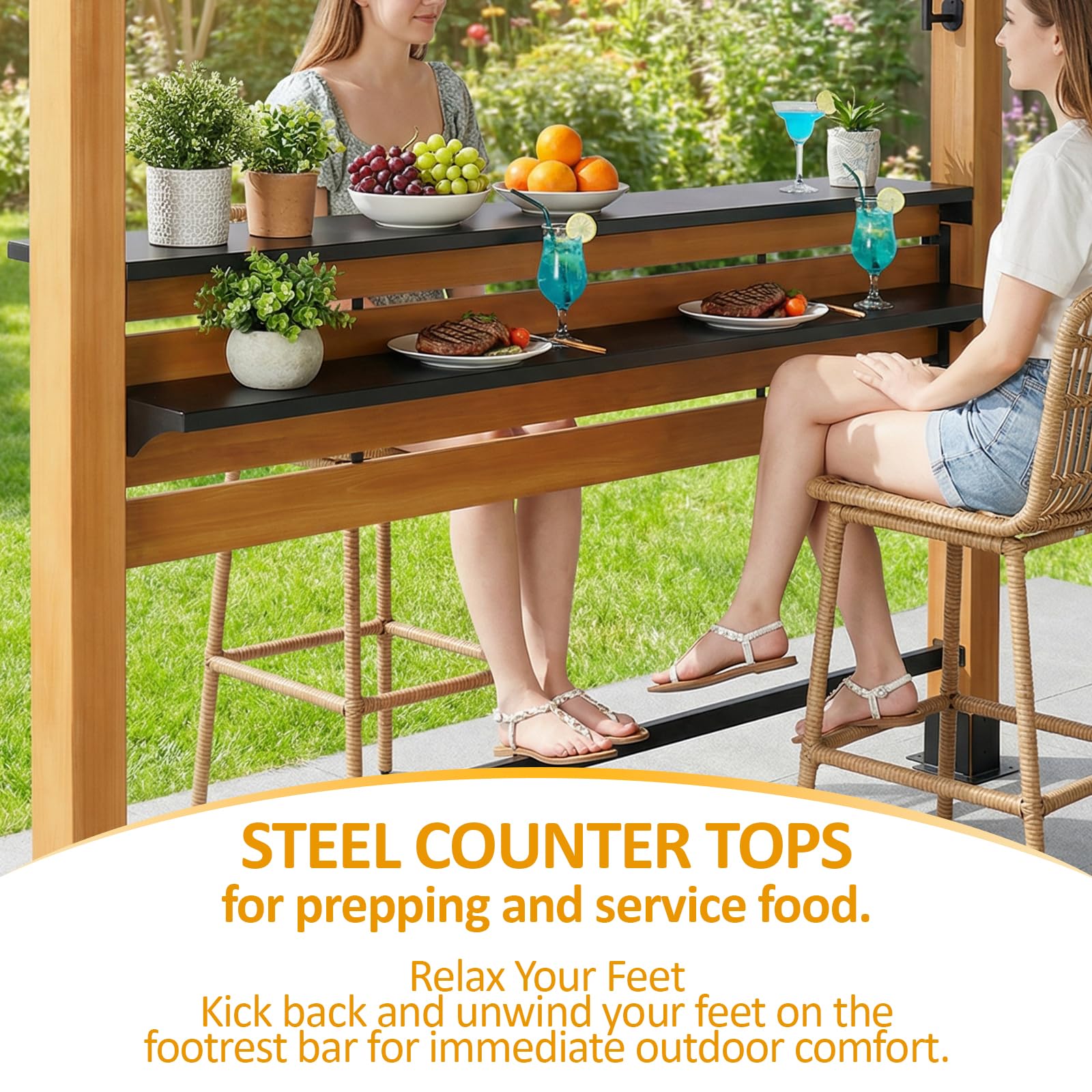 Cedar Wood Entertainment Bar Center - Modern Outdoor Bar Gazebo with Galvanized Steel Roof & TV Support Bracket (Natural Color, 6 * 14)