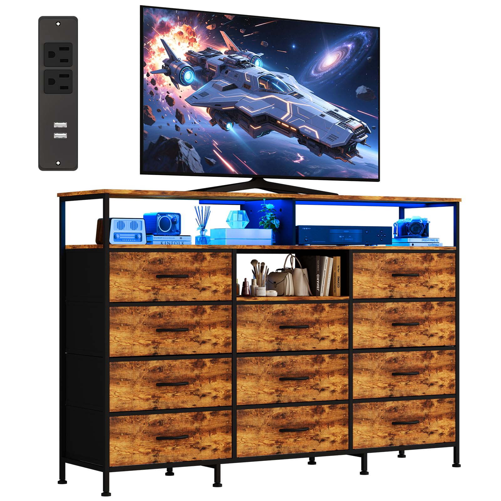 Dresser for Bedroom with LED Lights & Charging Station, 11 Drawer Dressers & Chests of Drawers, Steel Frame, Wood Top, 55 ” Fabric Dresser TV Stand for Bedroom,Hallway, Storage Organization, Entryway