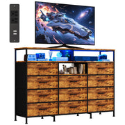 Dresser TV Stand with LED Lights, Charging Station & 11 Fabric Drawers