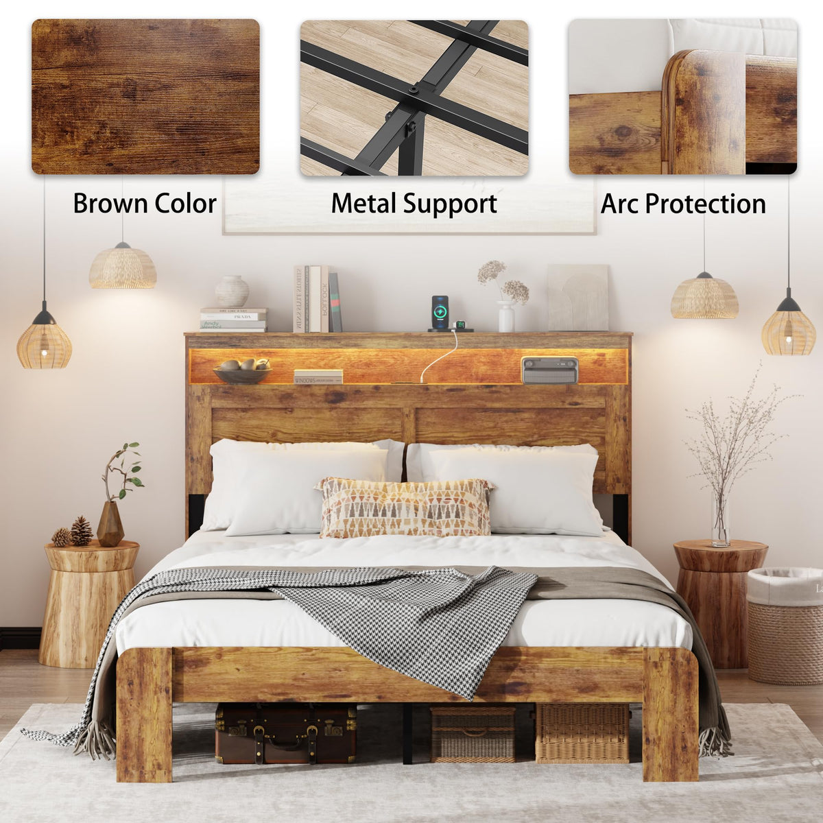 madeslves Wooden Bed Frame Queen Size with Storage Headboard, Brown