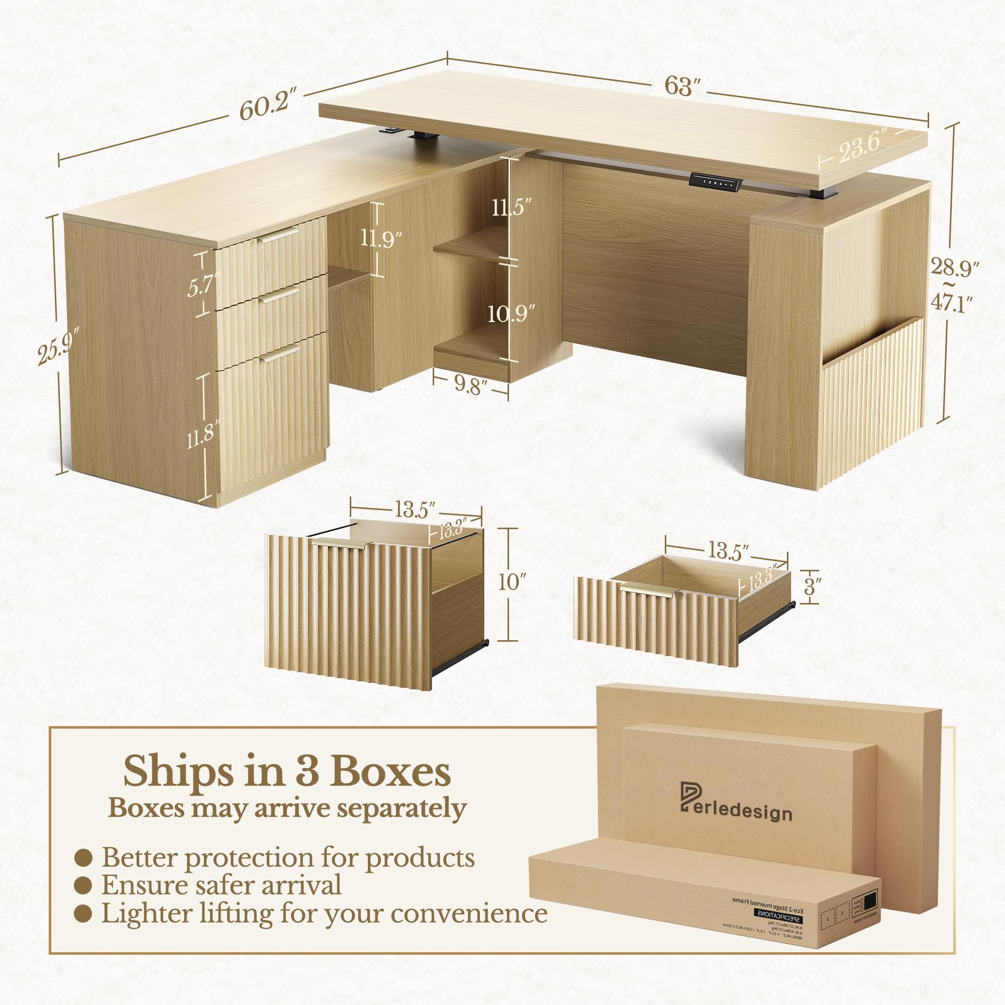 L-Shaped Electric Standing Desk with Corner Bookshelf & File Cabinet