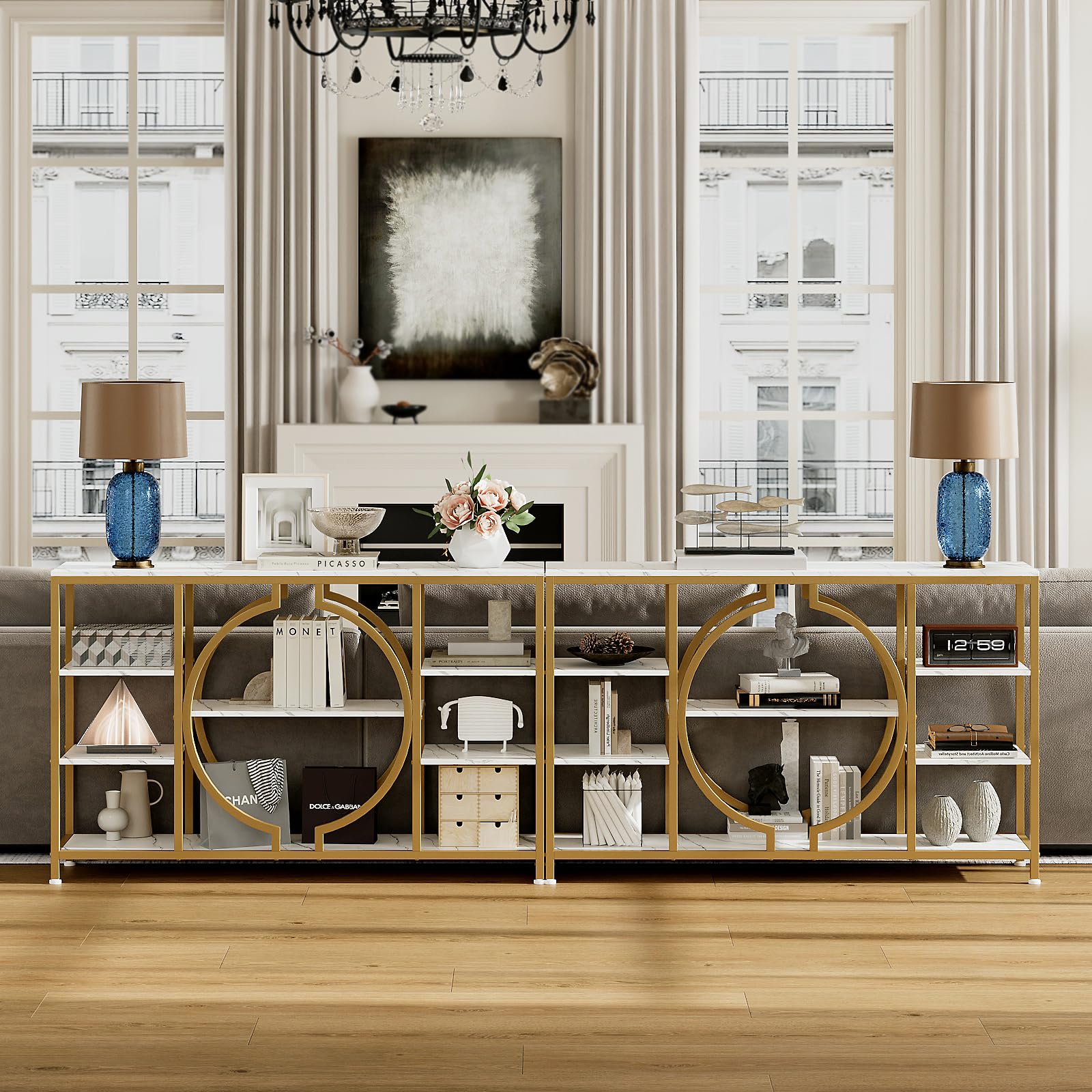 GiftGo 47" Industrial Console Tables for Entryway Rustic Sofa Table Behind Couch 4 Tier Wooden Shelves Entry Table with Storage for Foyer, Hallway, Front Door,Living Room (White Gold, 47")