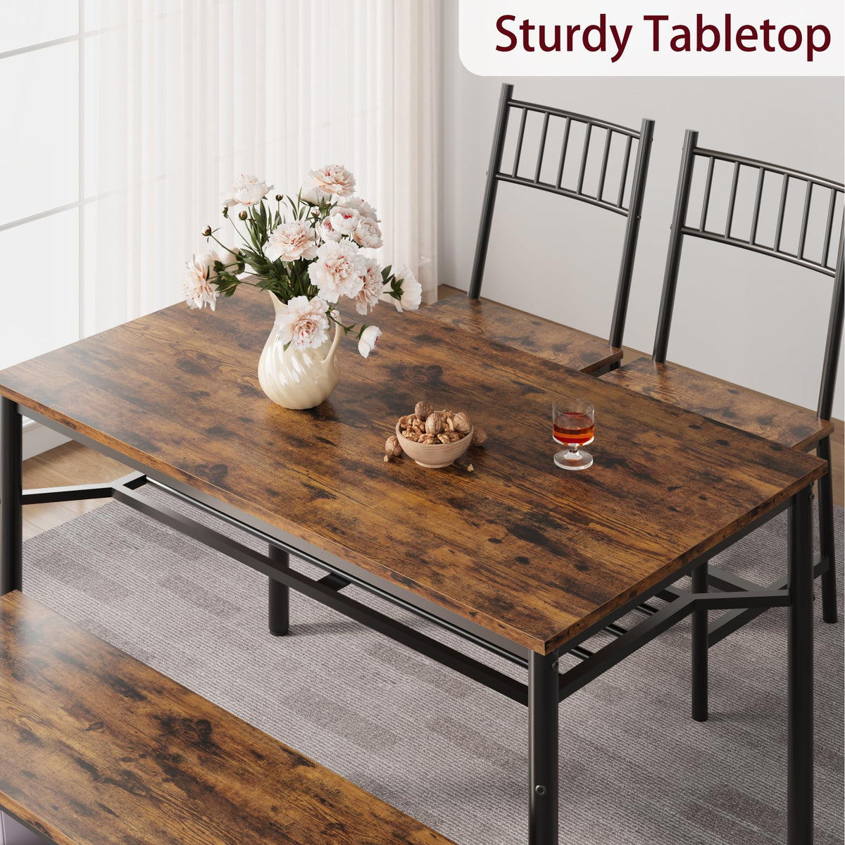 Garvee Dining Table Set for 4 with Bench and Chairs, 4-Piece Kitchen Table Set with Storage – Space-Saving Dining Table for Apartments and Dining Rooms, Brown