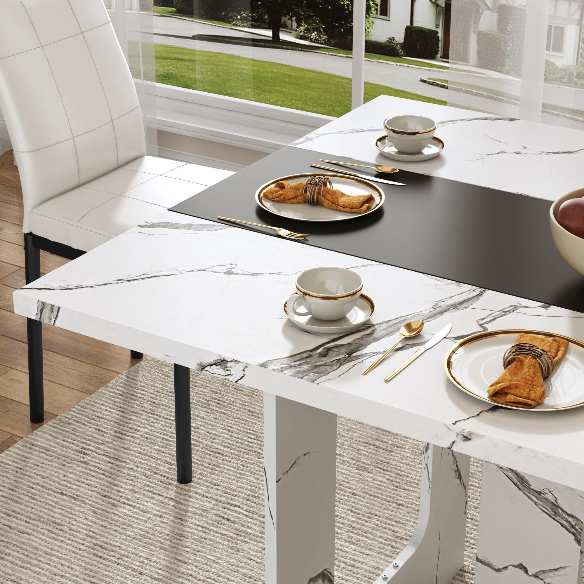 St.Mandyu 7 Pieces Dining Table & Chairs Set for 4-8 People, 71 Inch Kitchen Table with 6 Chairs, Rectangle Dining Table with Wooden Legs for Dining Room, Living Room, White