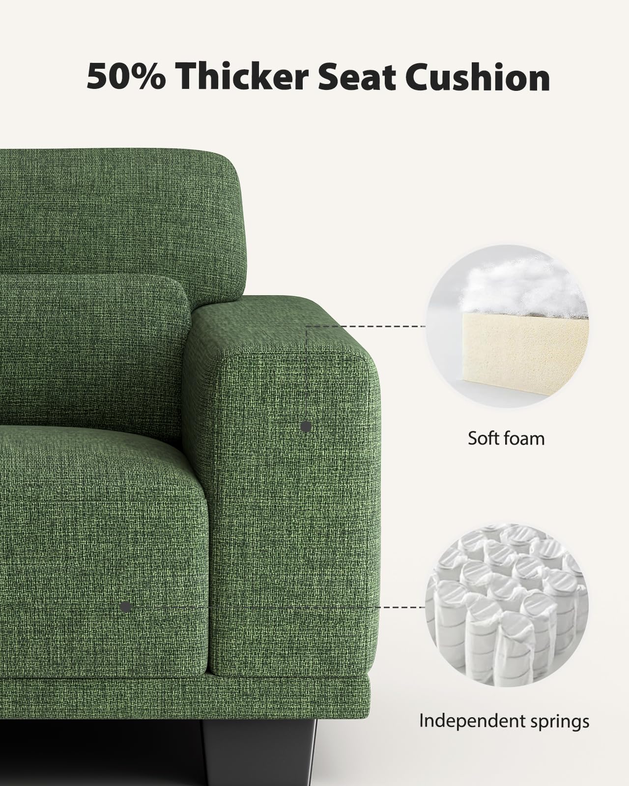 Compact Single Seater Sofa with Wide Armrests & Washable Linen Cover – Green