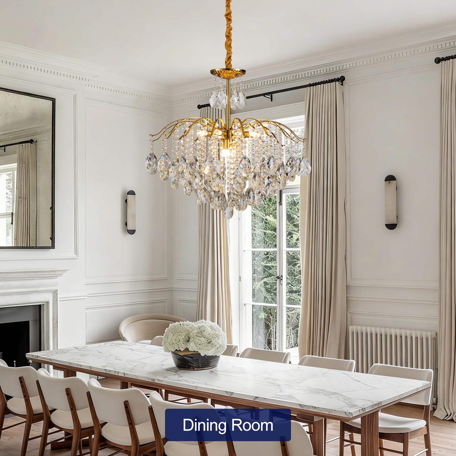 KKQiYuloom 12-Light Modern Gold Pendant Chandelier Crystal Middle Century Dining Room Raindrop Lighting Ceiling Light Fixture Lamp for Bath Room Bed Room Living Room Required D26inxH22.4in
