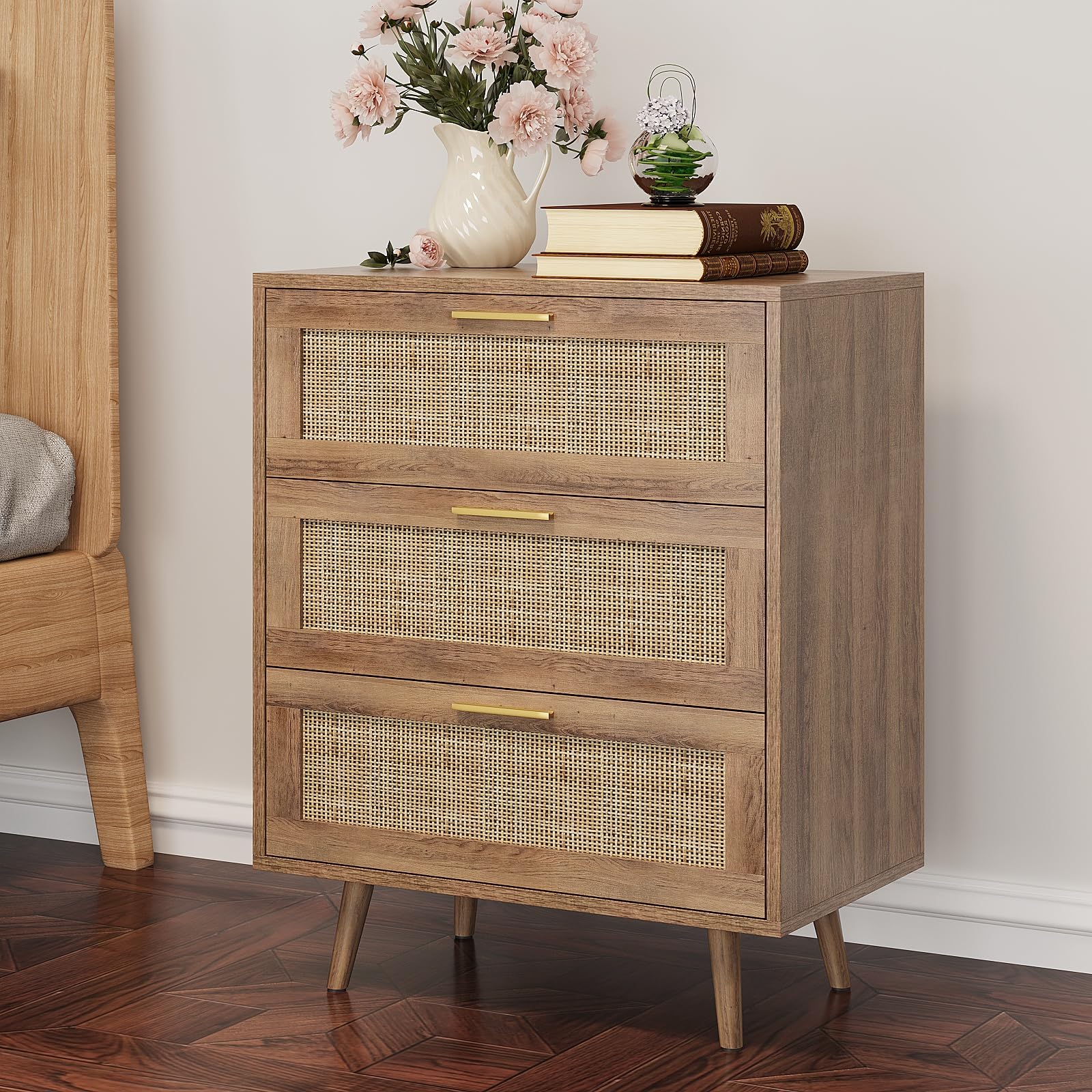 Trironsun 3 Drawer Dresser for Bedroom Rattan Dresser Chest of Drawers with Spacious Storage Boho Clothes Storage Nightstand for Living Room