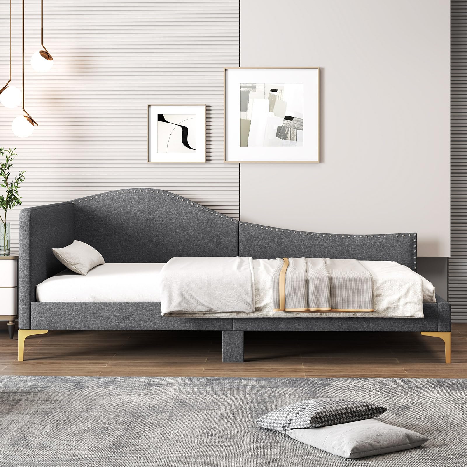 Giantex Twin Size Upholstered Daybed, Rivet-Tufted Platform Bed with Headboard, Metal Legs & Wood Slats, L-Shaped Corner Sofa Bed for Living Room & Guest Room, No Box Spring Needed, Grey