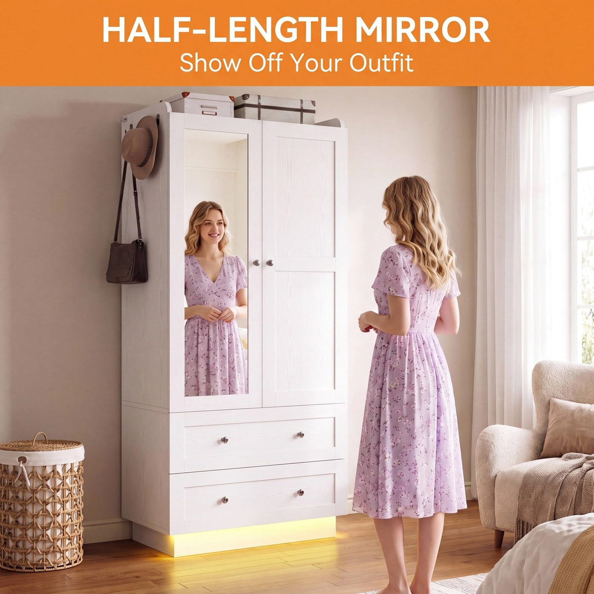 White LED Wardrobe with Mirror