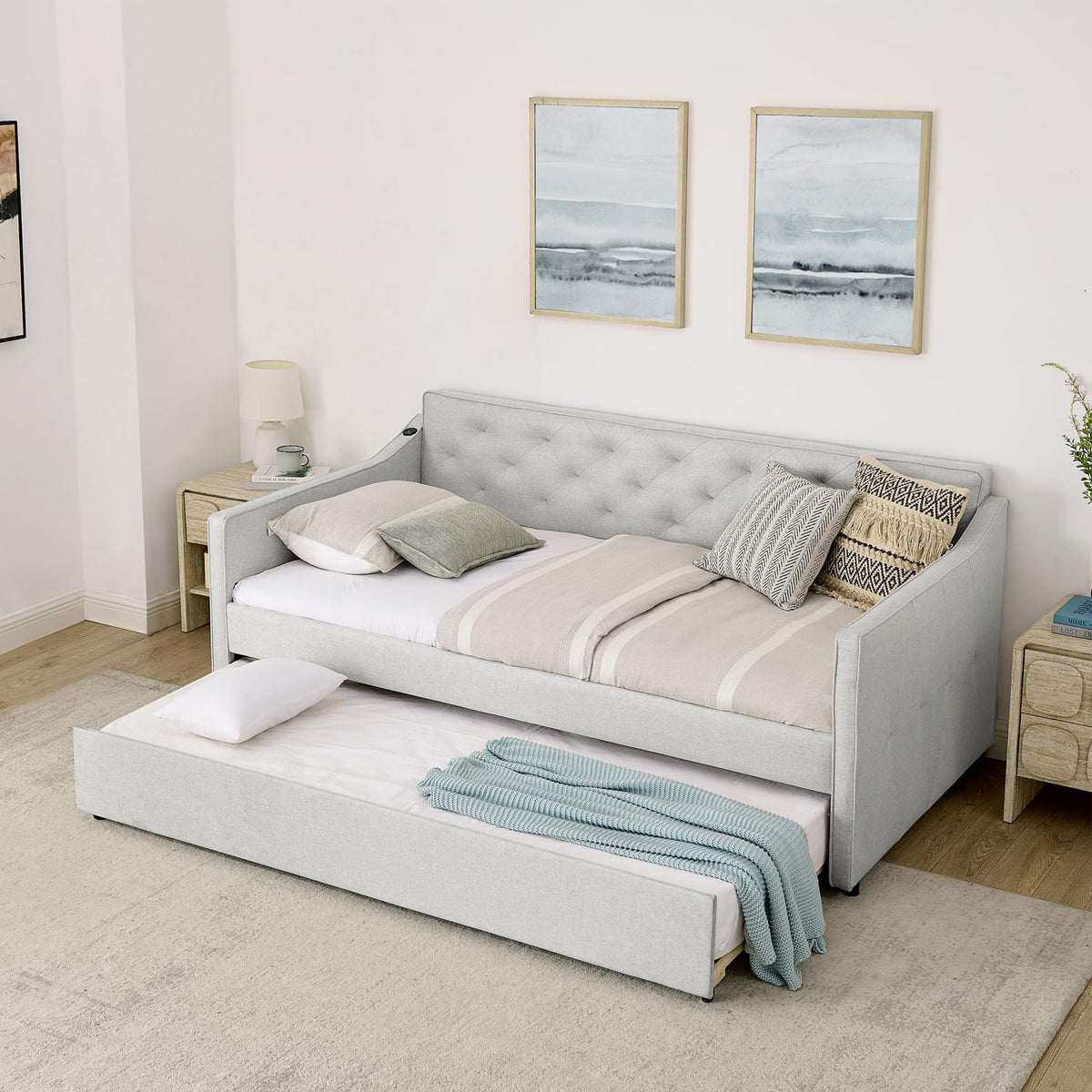 Antetek Daybed with Pop up Trundle, Fabric Upholstered Twin Size Day Bed Pull-Point Sofa Daybed Frame w/Twin Roll-Out Trundle/USB Port, Furniture for Bedroom, Living Room, Guest Room, Beige