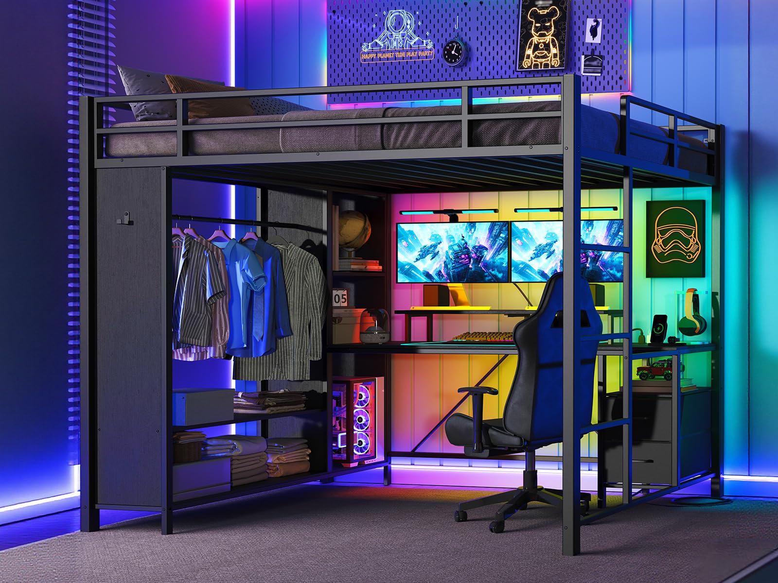 Twin Size Loft Bed with Desk & Charging Station