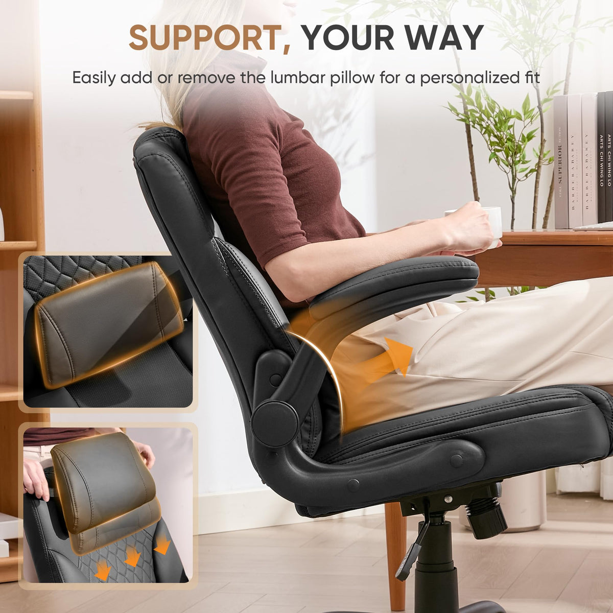 EGSEAT Home Office Chair with Lumbar Support, 5" Thickened Seat, Small PU Leather Rocking Desk Chair, Comfy Computer Chairs with Rolling Wheels & Adjustable Armrests for Adults, Black