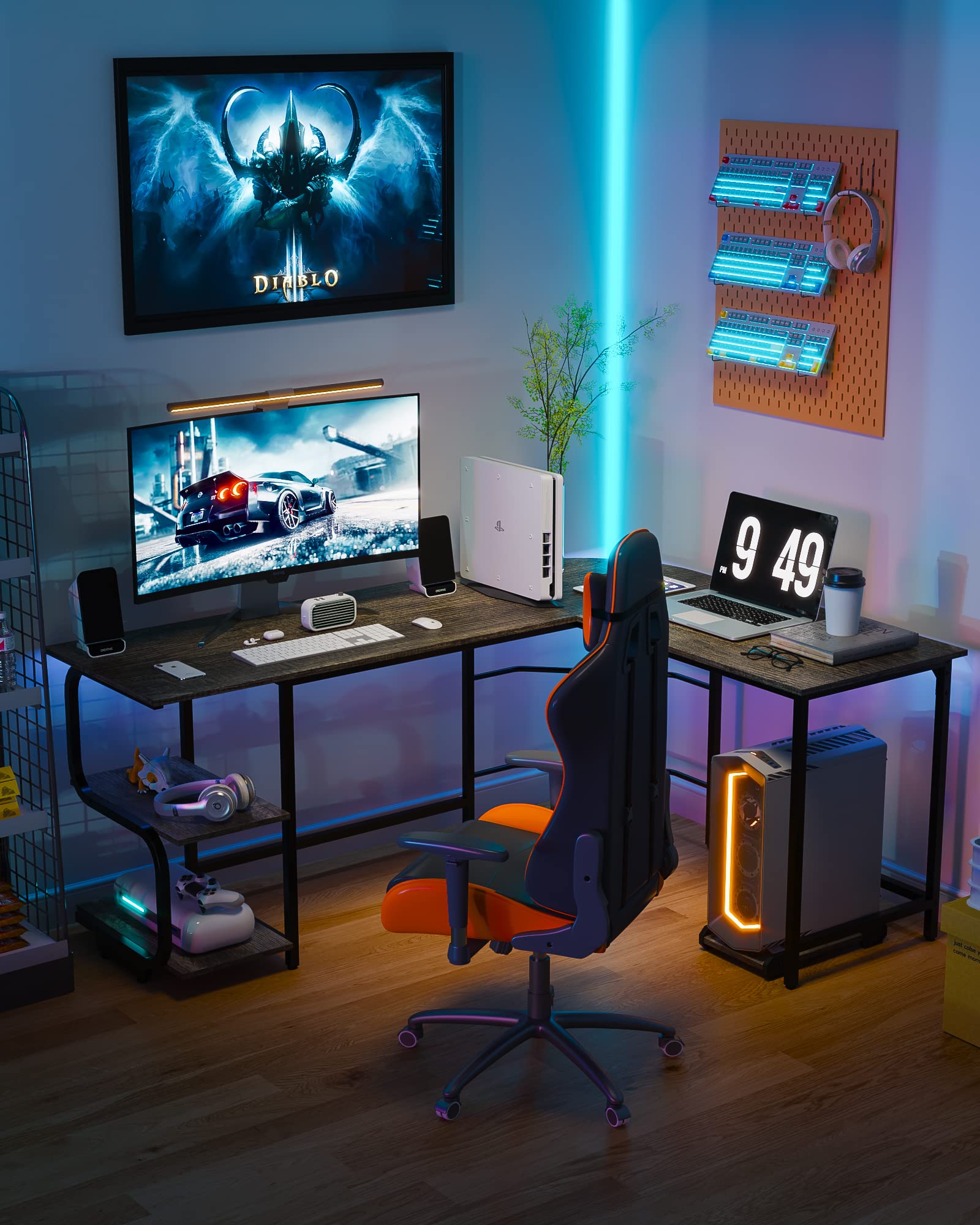 L-Shaped Desk with Storage Shelves & Monitor Stand Hole