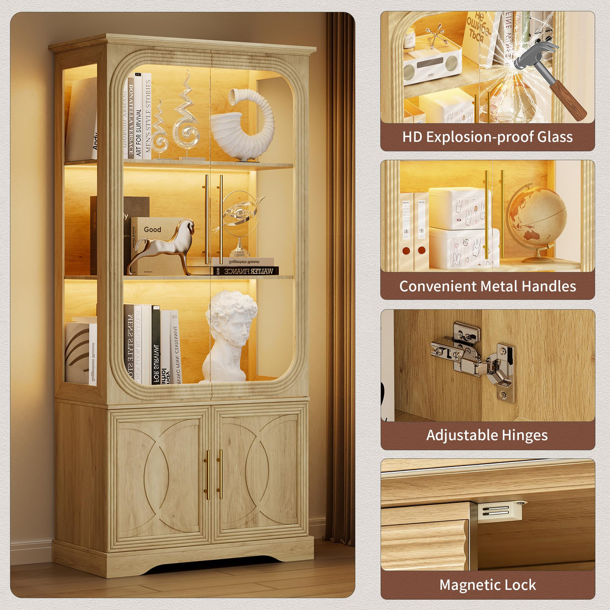 Ylued 69" Tall Display Cabinet with Glass Doors, for Living Room