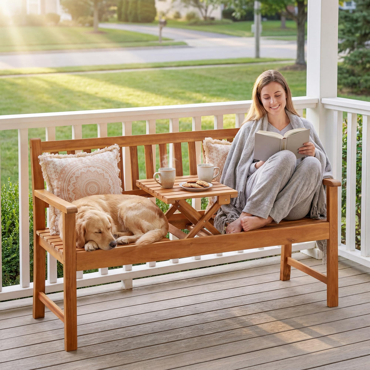 Acacia Outdoor Bench with Pull-Up Table