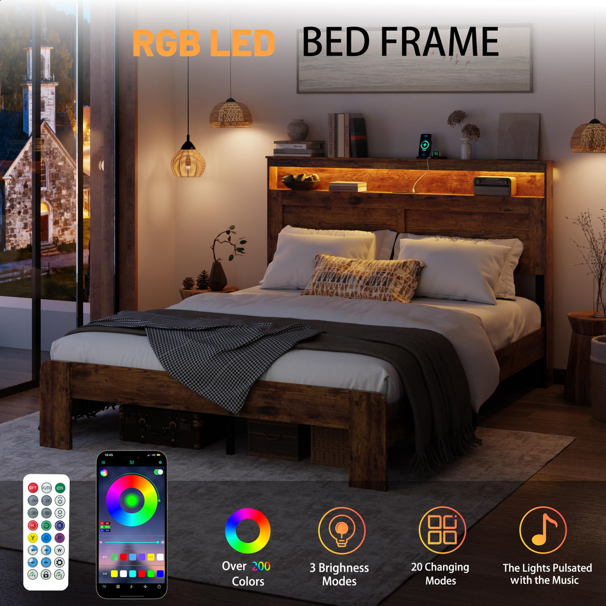 madeslves Wooden Bed Frame Queen Size with Storage Headboard, Brown
