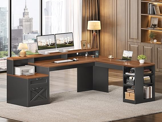 L-Shaped Desk with Drawers, Power Strip & LED Strip