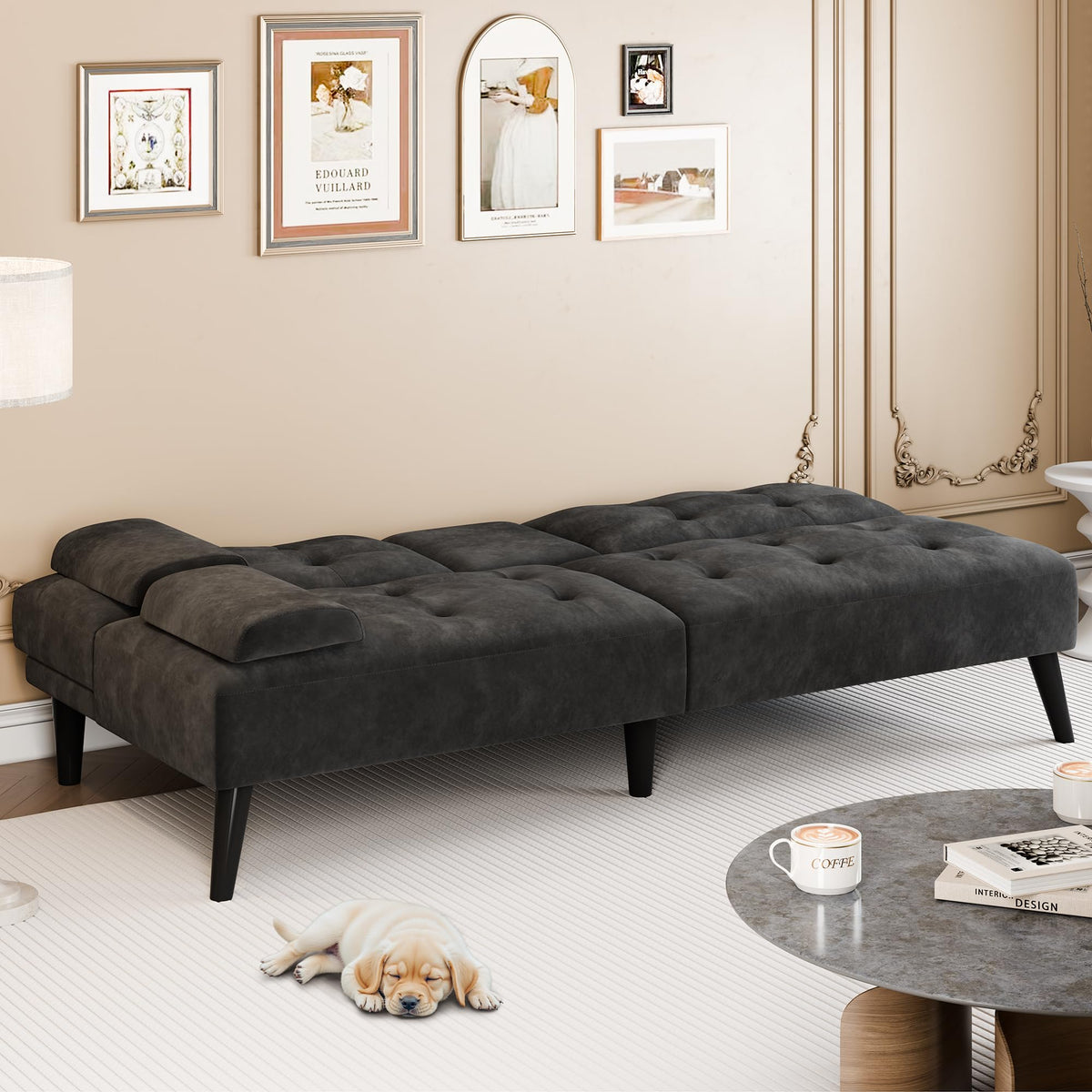 Meilocar 64" Futon Sofa Bed, Small Loveseat, Cup Holders Armrests, Black