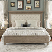 Solid Pine Wood Platform Bed Frame with Upholstered Headboard