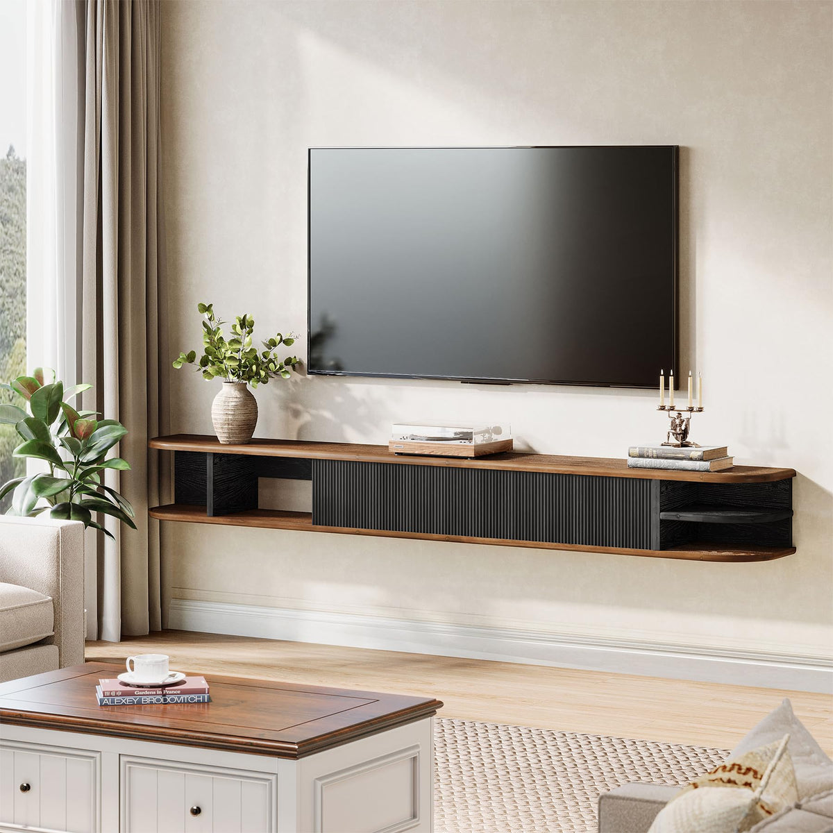 TRIBEWOOD 71" Floating TV Stand Up to 90'' TVs, Solid Wood Media Console
