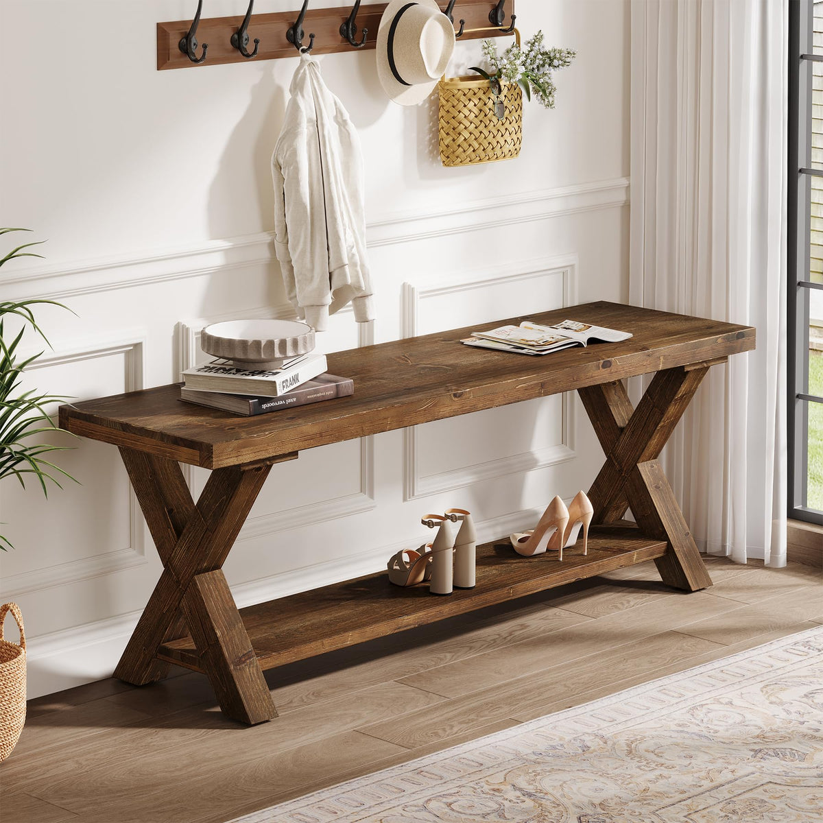 TRIBEWOOD 43.3" Solid Wood Bench, Farmhouse Wooden Entryway Bench with Storage Shelf, X-Shaped Leg Design, Entry Way Shoe Benches Seat for Hallway, Kitchen, Bedroom, Living Room