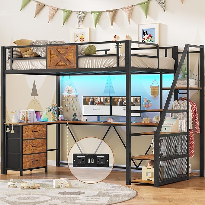 Full Size Loft Bed with Desk & Storage Stairs