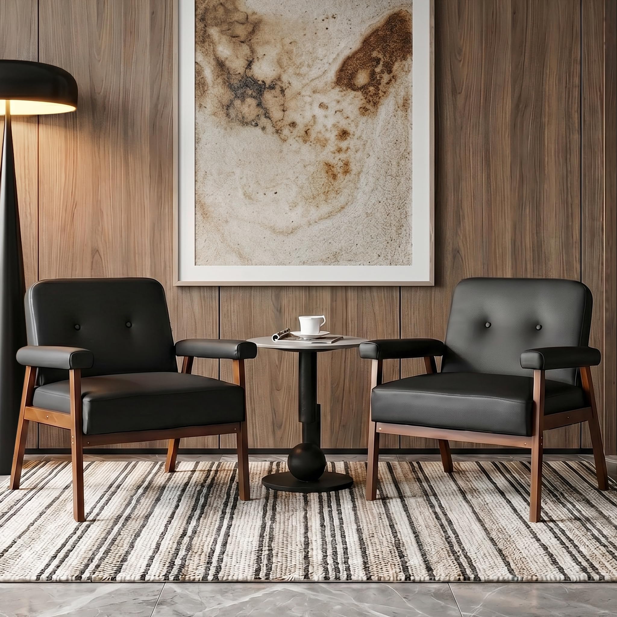 STHOUYN Accent Chairs Set of 2, Black Leather Chair with Wood Frame, Upholstered Tufted Reading Arm Chair, Mid-Century Modern Comfy Living Room Chair, Side Chairs for Living Room, Waiting Room (2)