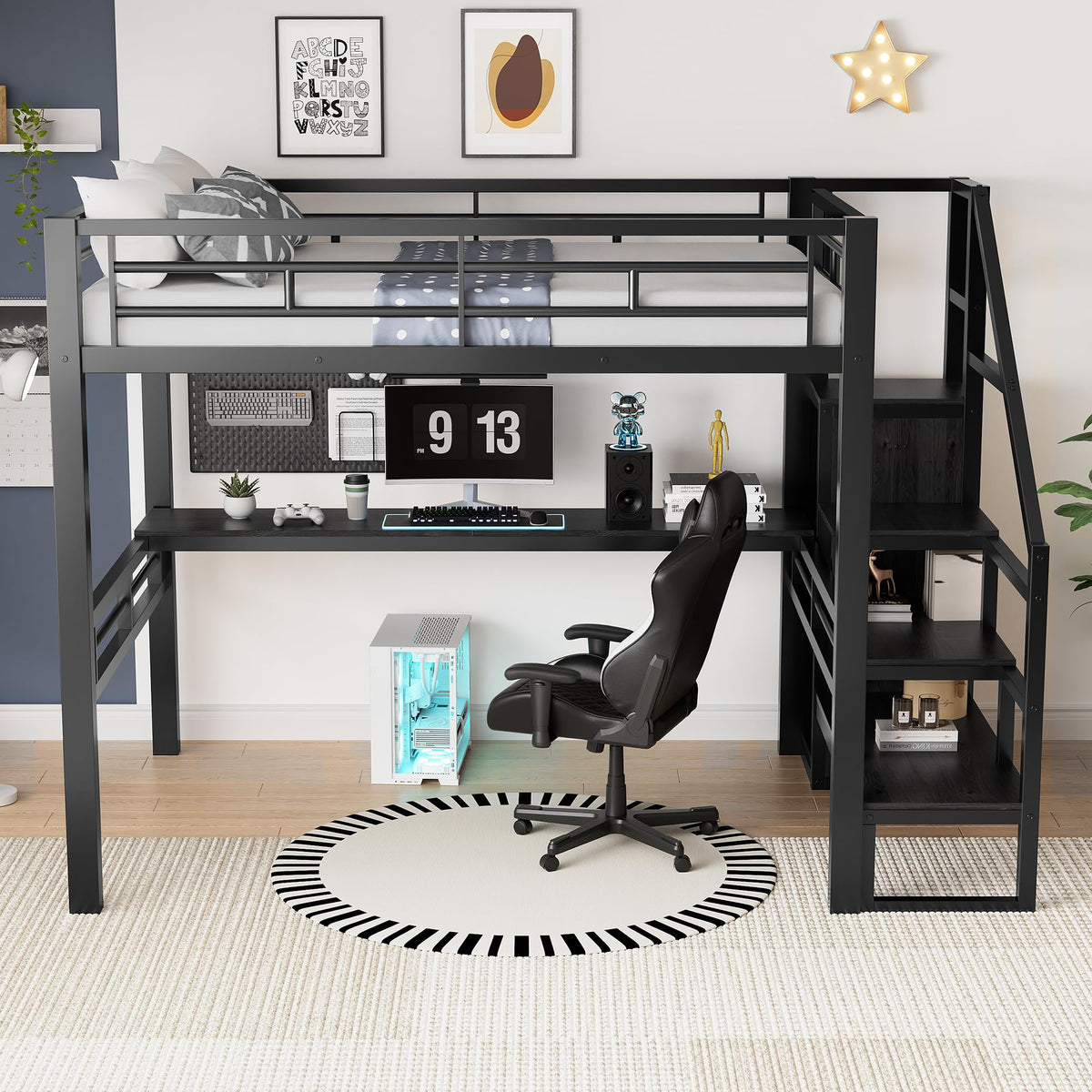 Queen Loft Bed with Desk and Storage