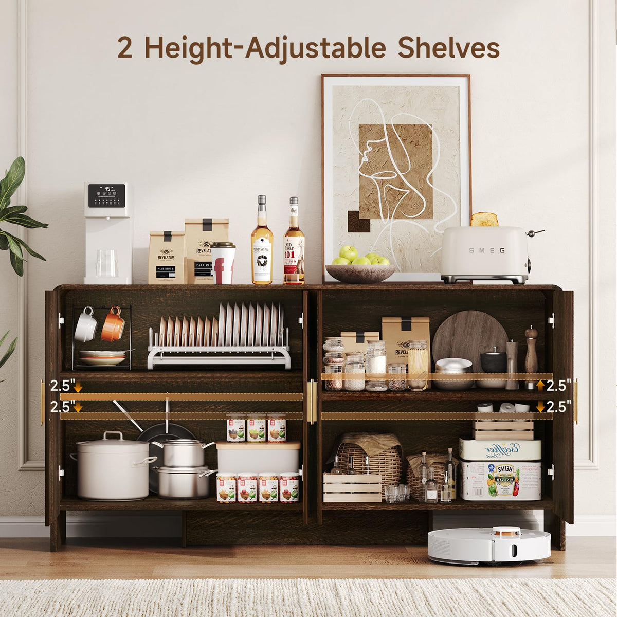 ComfyCorner 60" Sideboard Buffet Cabinet, Large Curved Design, Brown