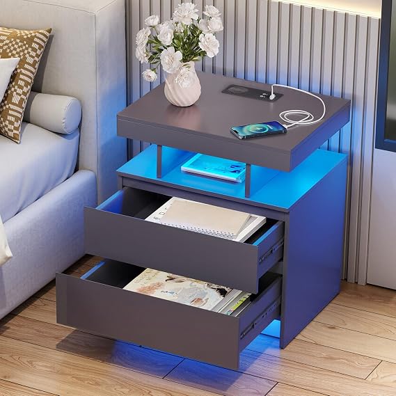 LED Nightstand with Charging Station & 2 Drawers