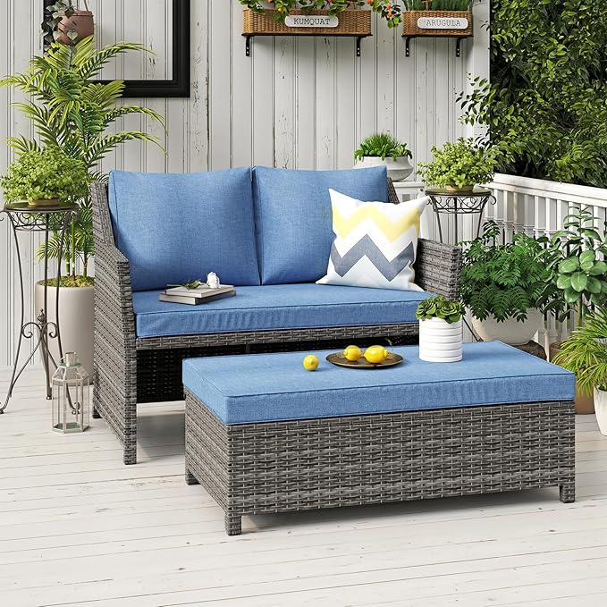 2-Piece Outdoor Wicker Loveseat & Coffee Table Set with Storage