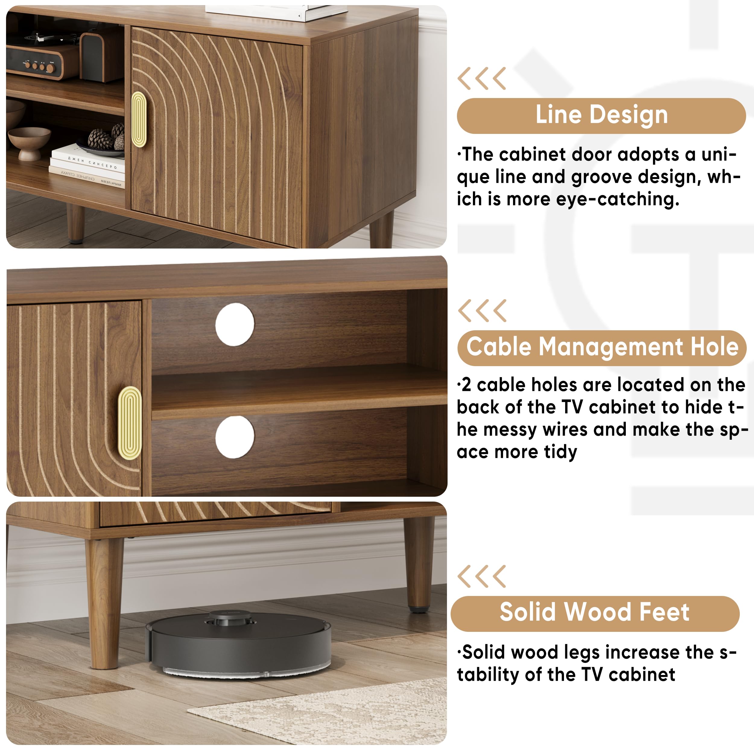Smuxee Walnut TV Stand with Line Groove Design, 47.2" Mid Century Modern TV Media Console for TVs up to 55", TV Cabinet with Adjustable Shelf & 2 Cabinets for Living Room