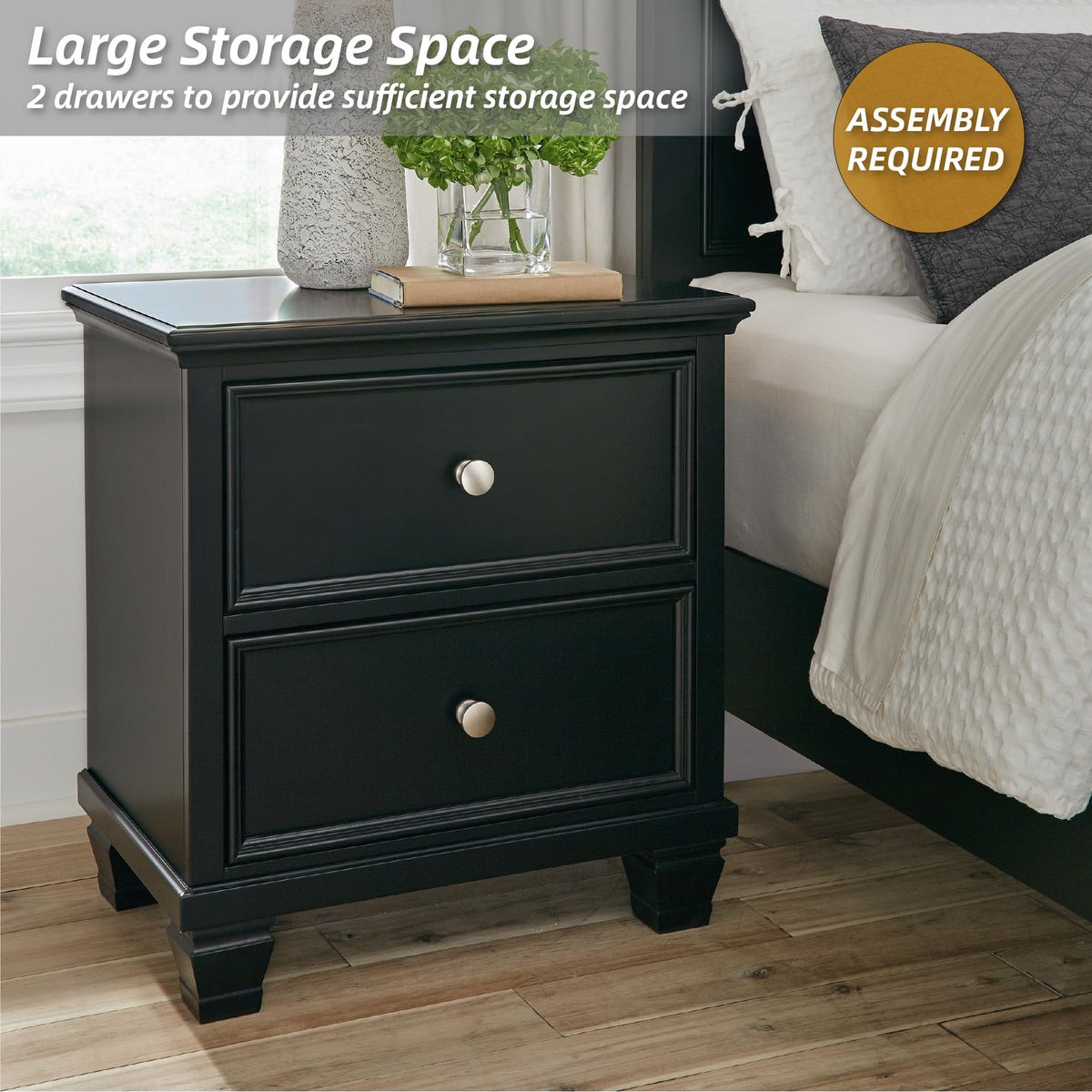 Black Two-Drawer Farmhouse Nightstand