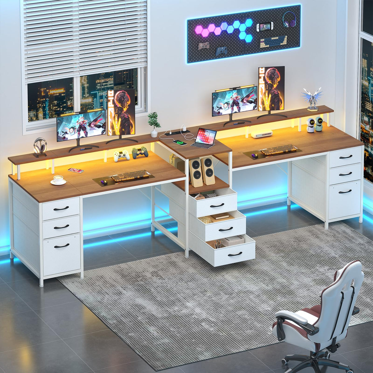 98 Inch 2 Person Desk with 9 Drawers and Outlets for Home Office ＆ Gaming