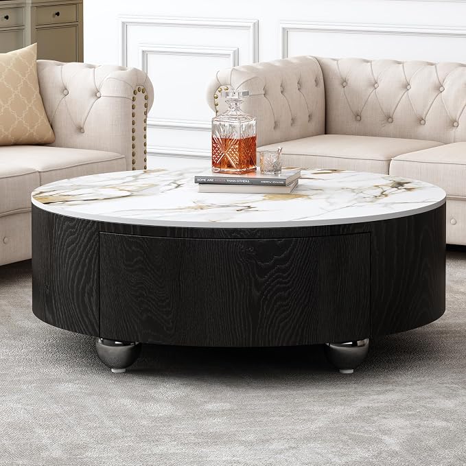 Round Stone Coffee Table with Drawers