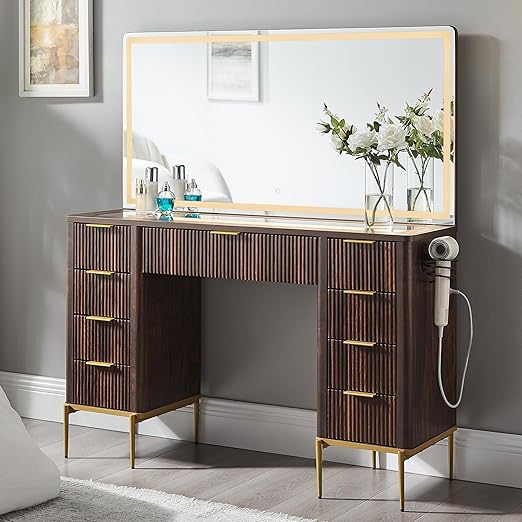 48" Fluted Makeup Vanity Desk with LED Mirror & 9 Drawers