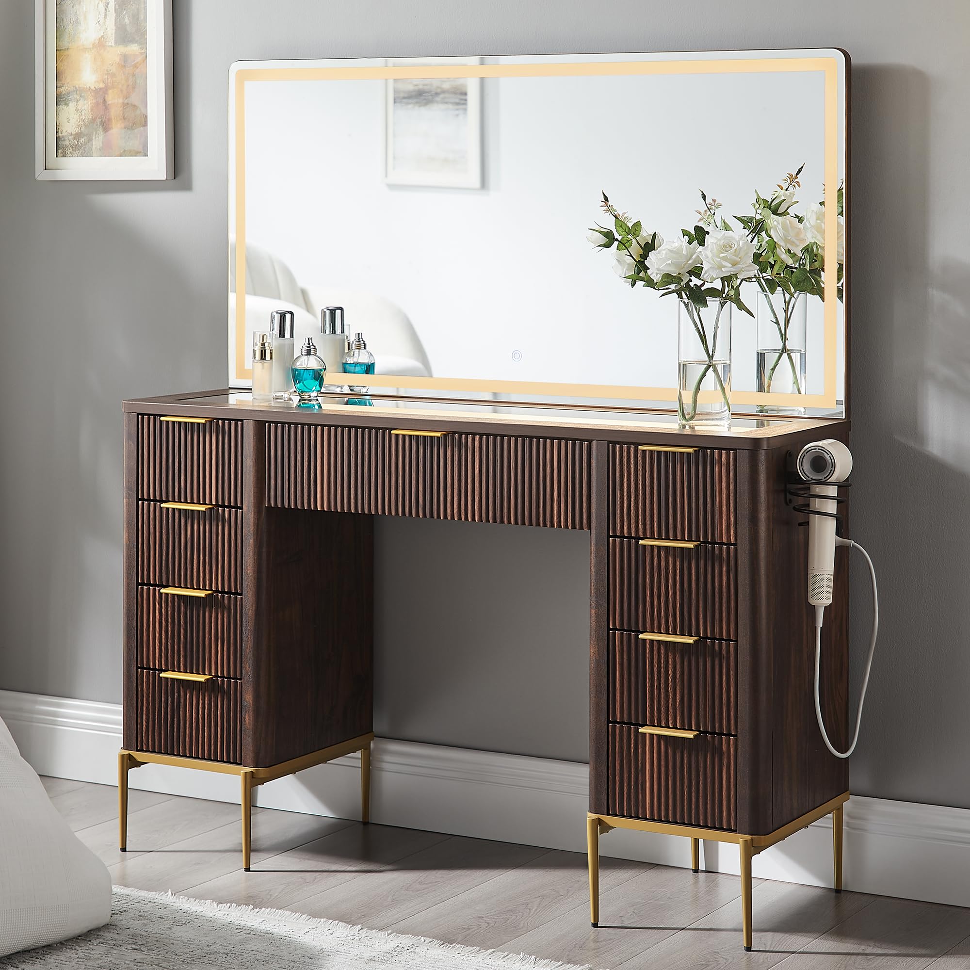 T4TREAM 48" Fluted Makeup Vanity Desk with 48" Large Mirror and HD Lights, Modern Vanity Table with 9 Drawers & Charging Station, Glass Top and Golden Handles Dressing Table for Bedroom,Dark Walnut