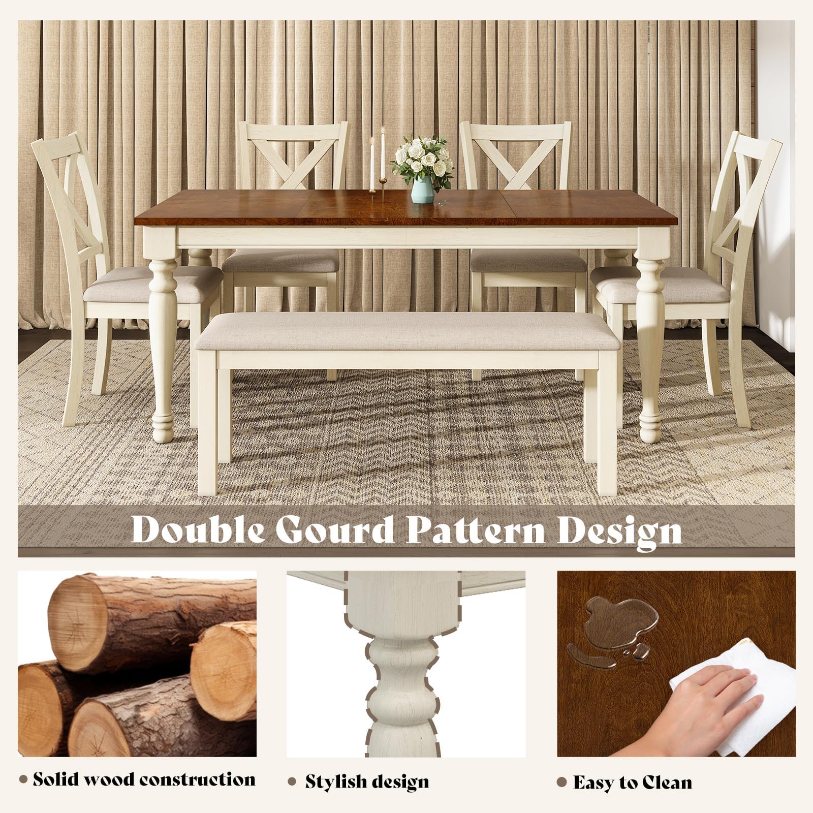 6-Piece Farmhouse Dining Table Set with Chairs & Bench