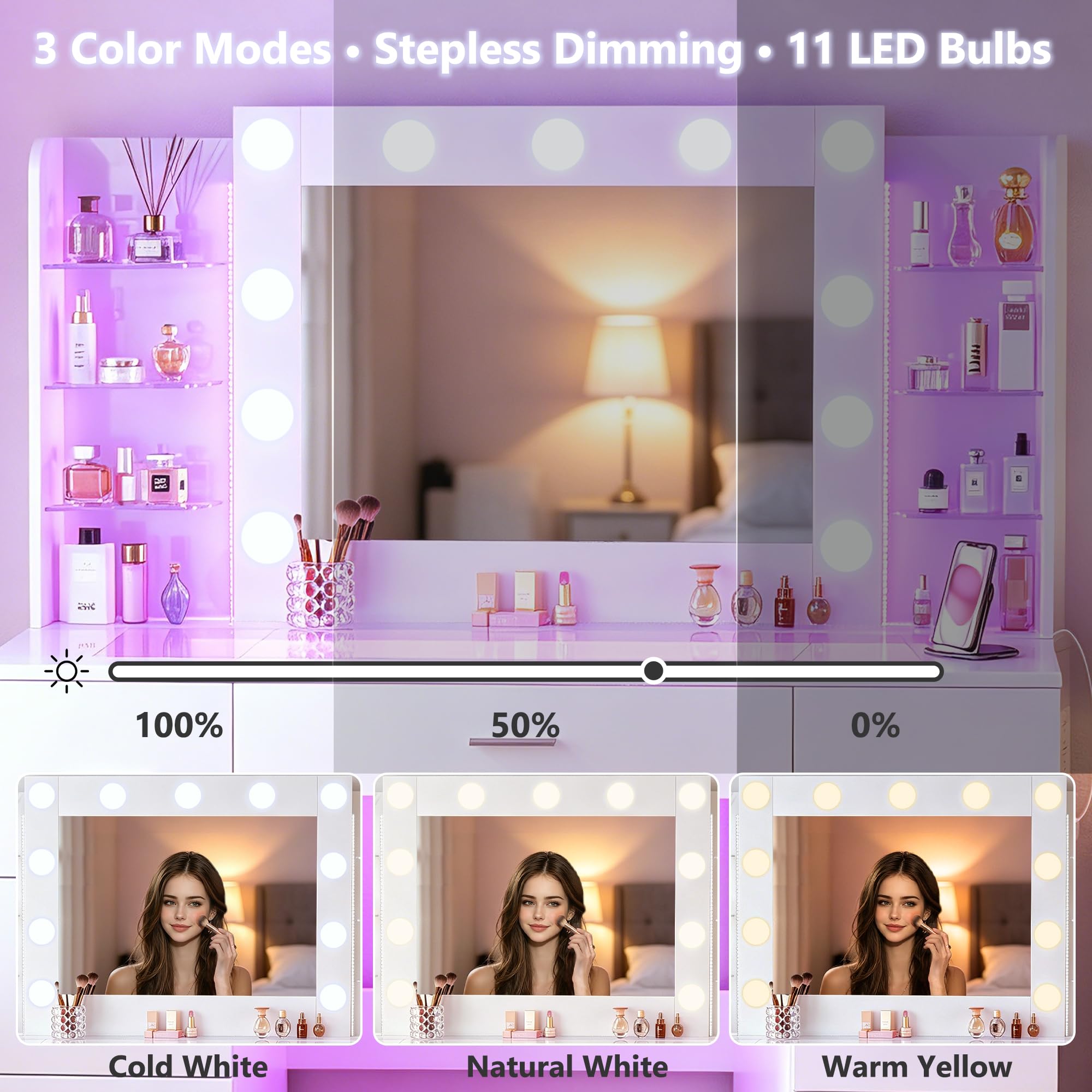 HUAHUU Vanity Desk with Mirror and Hollywood Lights, Makeup Vanity 6 Backlit Open Shelves with Frosted Panel & RGB Light, Transparent Top, Power Outlet, 7 Drawers & Storage Organizer for Bedroom