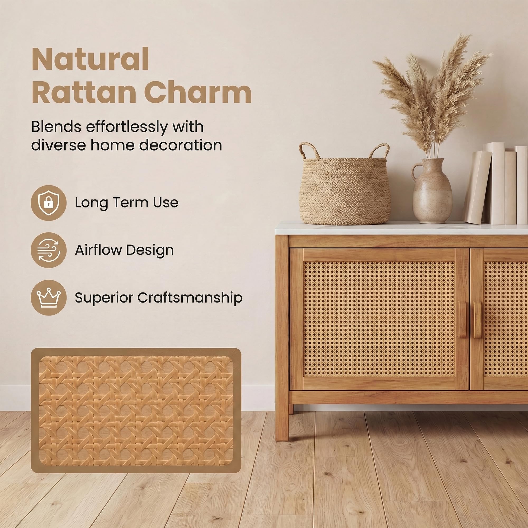 Giantex Acacia Wood Outdoor Cabinet, Storage Cabinet w/Faux Marble Top, Rattan Doors, Interior Shelves & Compartment, Buffet Cabinet, Functional Potting Table for Garden, Patio, Backyard