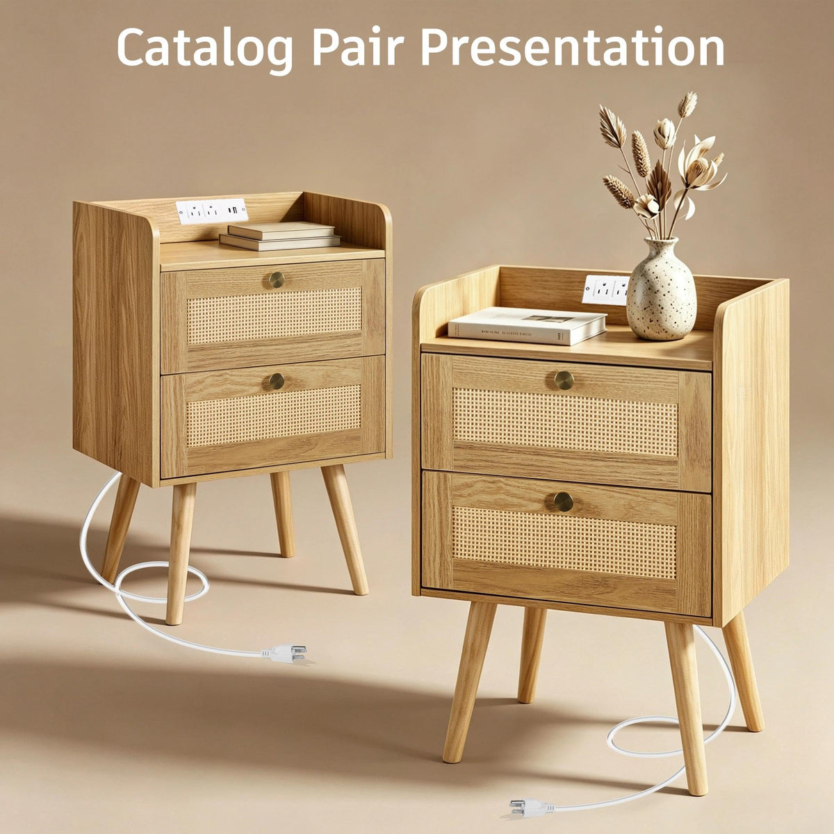 Rattan Nightstands with Charging Station, Set of 2