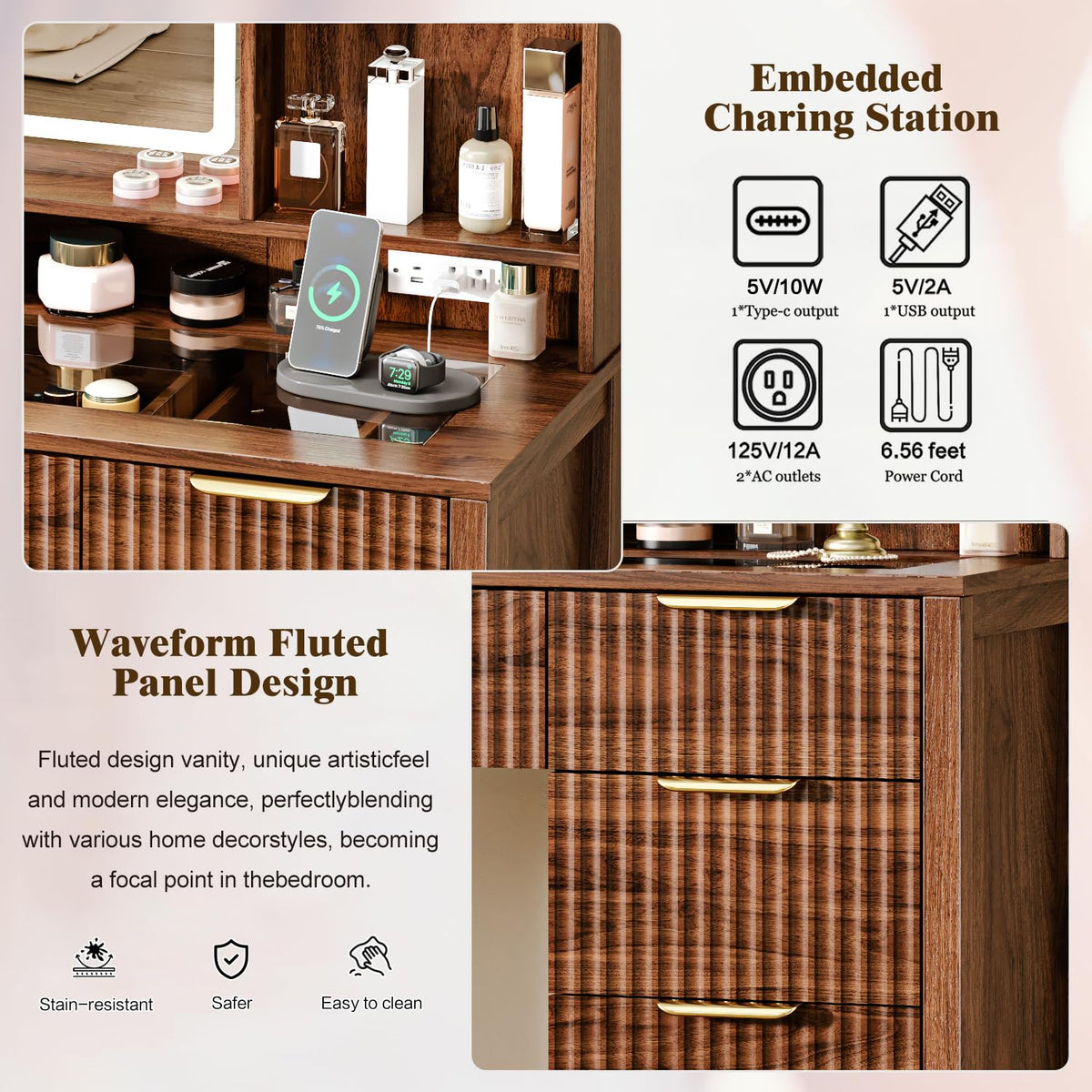 Chestnut Vanity Desk with Lighted Mirror