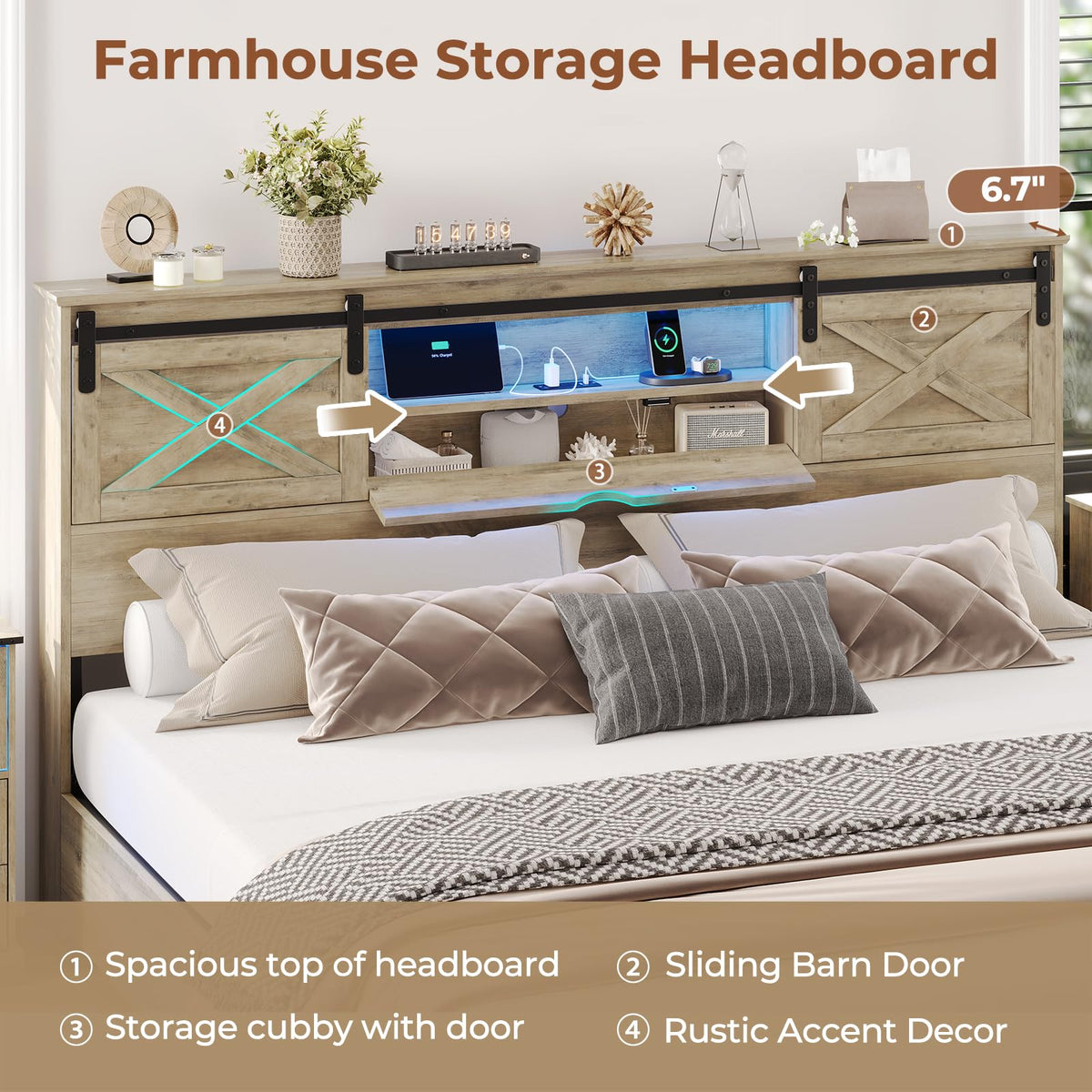 King Farmhouse Storage Bed with LED Lights