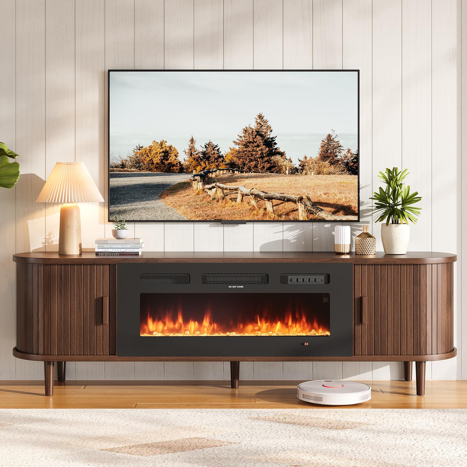 70" Fluted Fireplace TV Stand with Sliding Doors & Solid Wood Legs
