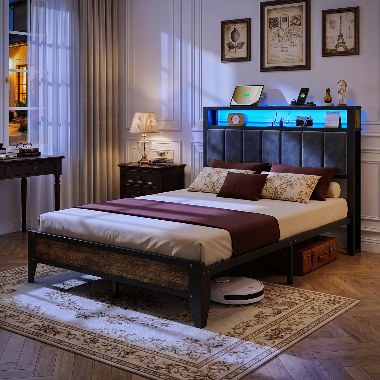 OLEVS Full Bed Frame with Storage Headboard & Footboard, Smart LED Metal Platform Bed with Type C Charging Station, Noise Free Heavy Duty Mattress Base, No Box Spring Needed, Vintage