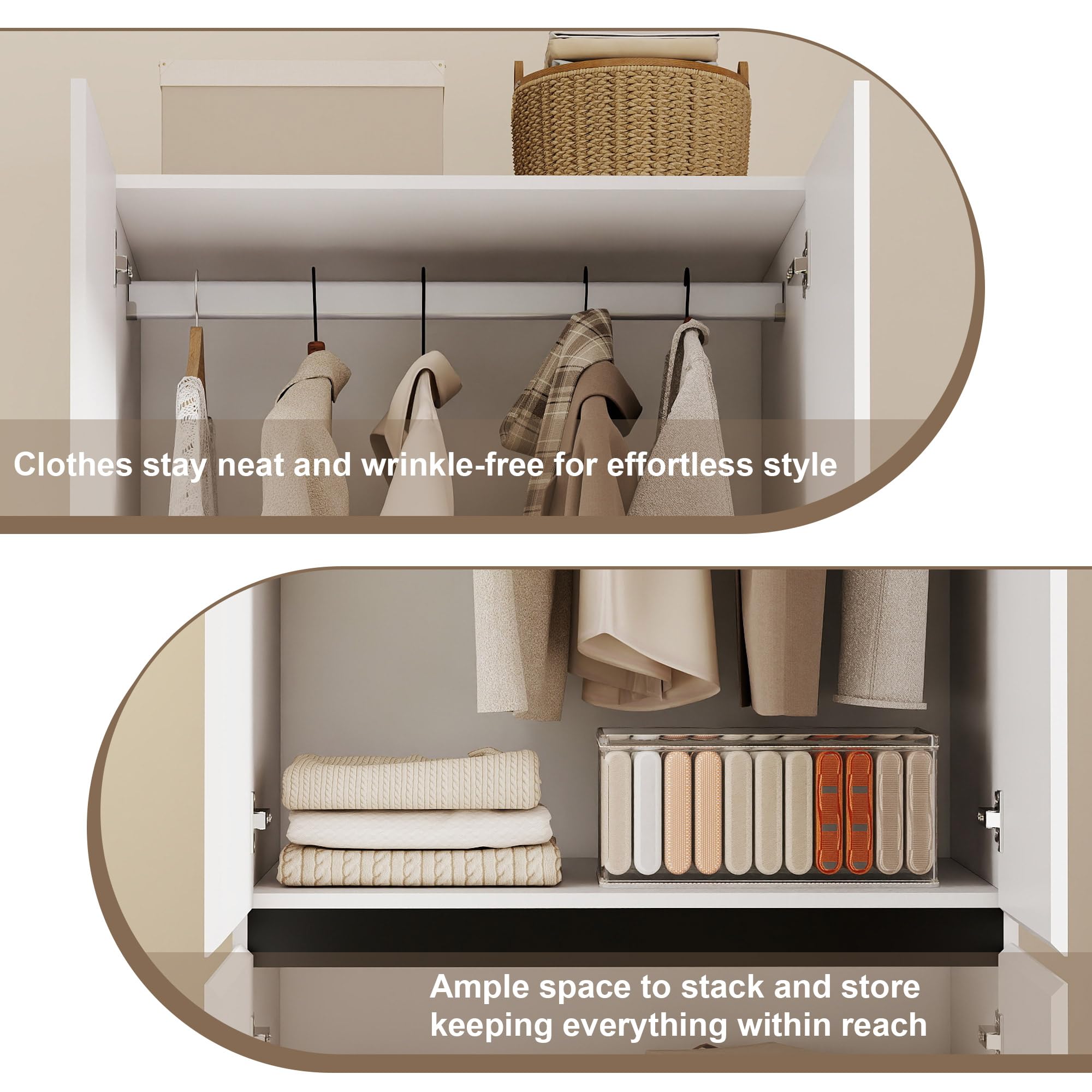 Swyanste White Armoire Wardrobe Closet: 74" Large Wardrobe Closet with 4 Doors, Wood Closets Cabinet for Hanging Clothes, Freestanding Bedroom Armoires (63 in-4 Doors)