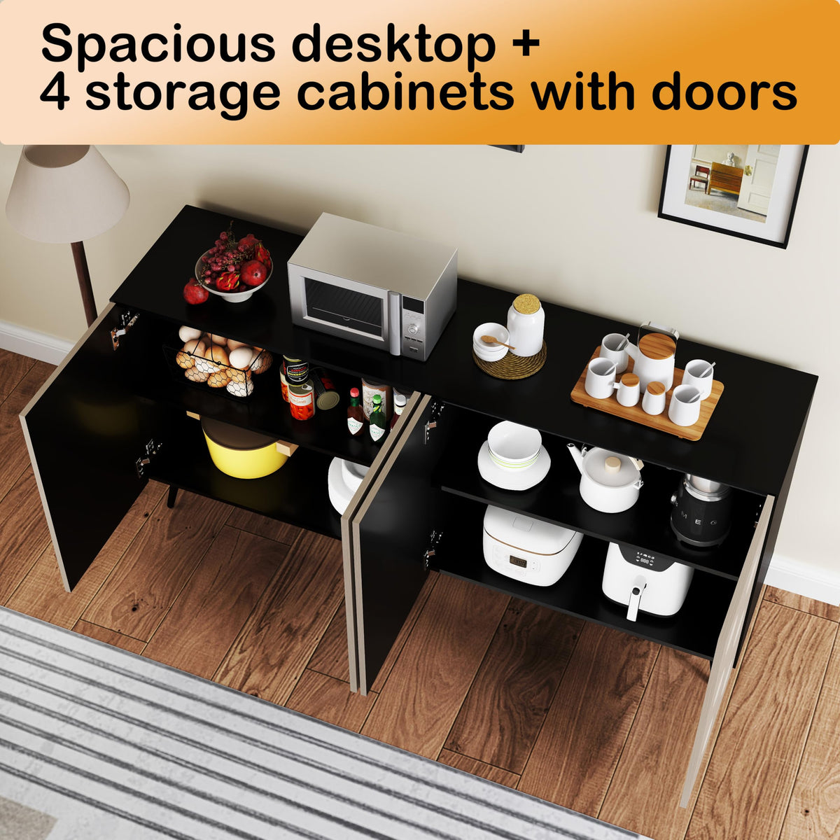Mhsatyrs Oak and Black Wood Accent Cabinet with 4 Doors, 63" Sideboards