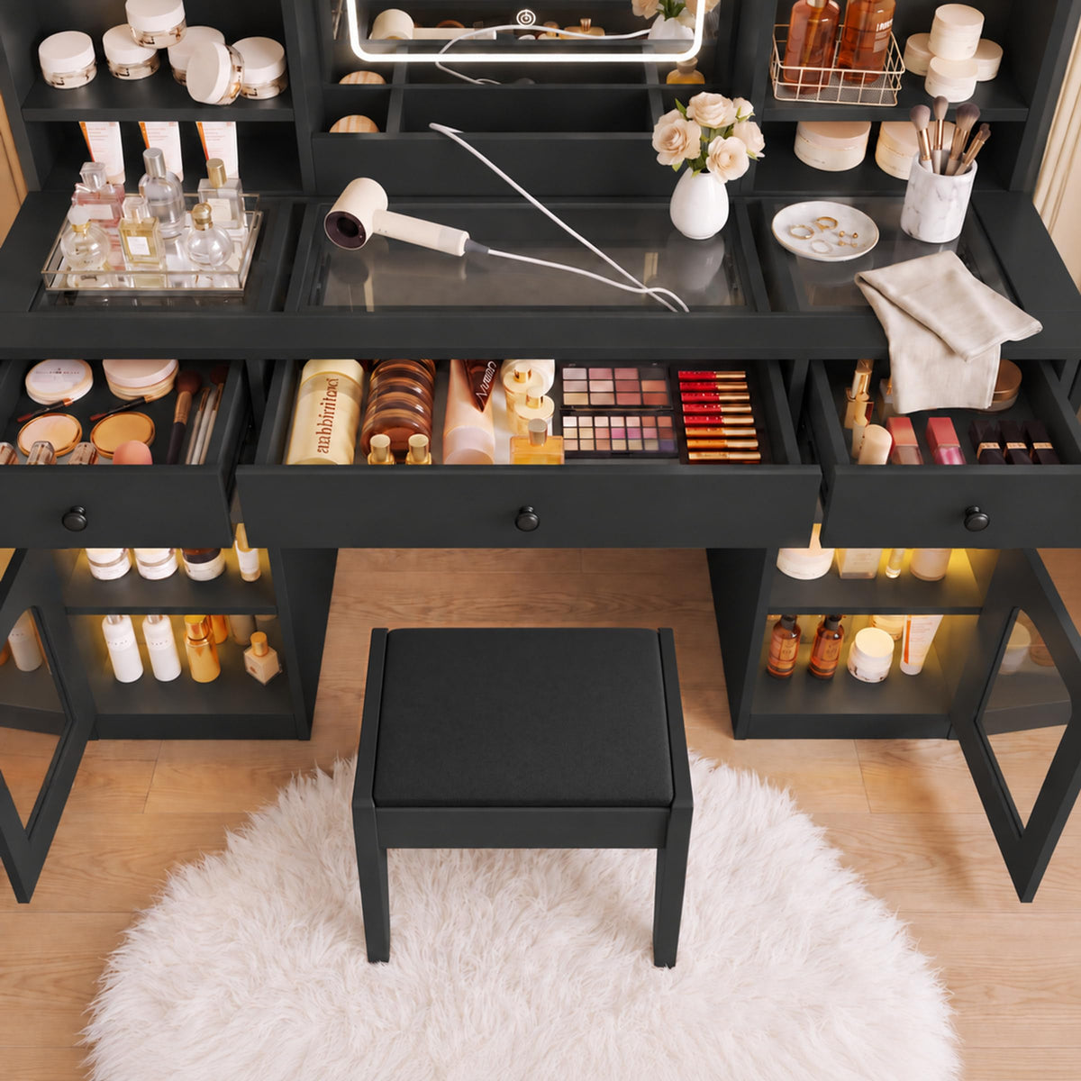 43" Vanity Desk with Mirror & Lights, Glass Top Makeup Vanity Set, Black