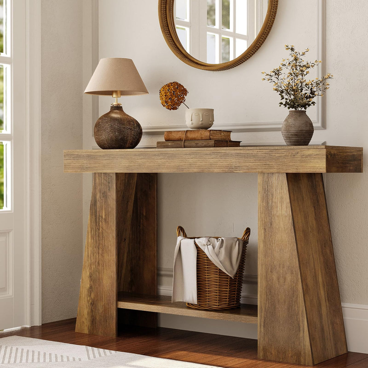 47.24" Farmhouse Entryway Console Table, Narrow Sofa Table Behind Couch, Wooden Rectangular Small Entry Table with Storage Shelves for Narrow Entrance, Stairwell, Hallway, Living Room, Small Foyer